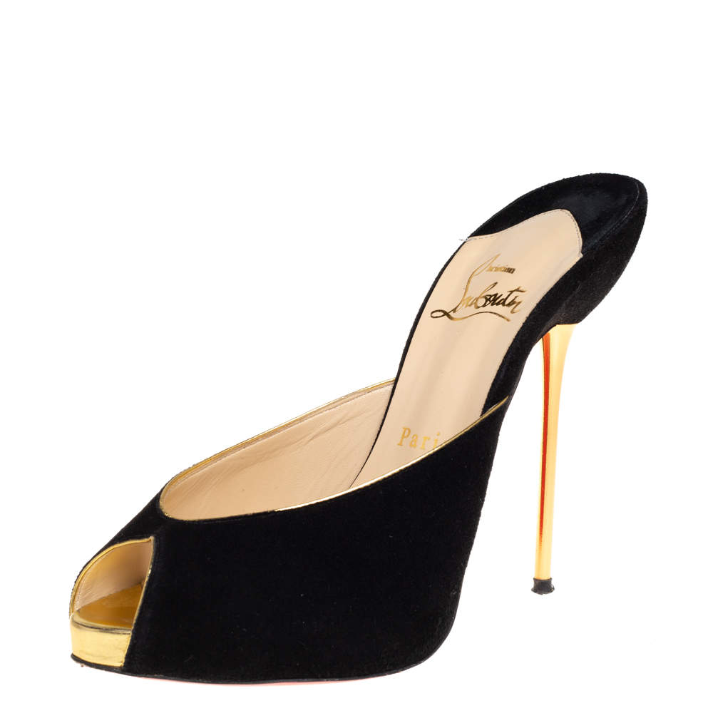 Pre Owned Christian Louboutin Black Suede Peep Toe Mules Size 36.5