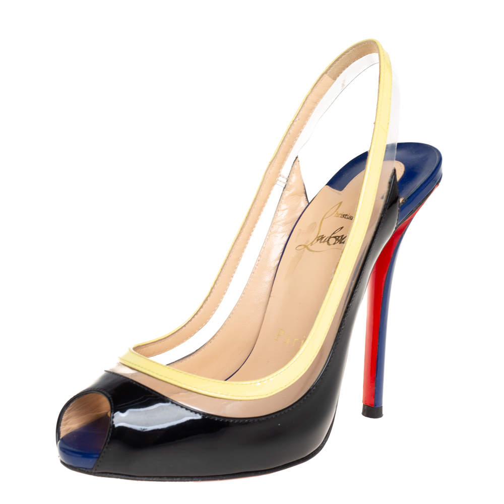 Pre Owned Christian Louboutin Tricolor Patent Leather And PVC Paulina Pointed Toe Slingback Sandals Size 36