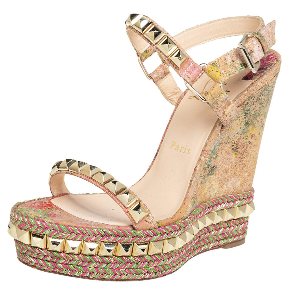 Pre Owned Christian Louboutin Multicolor Cork Cataclou Wedge Sandals Size 38