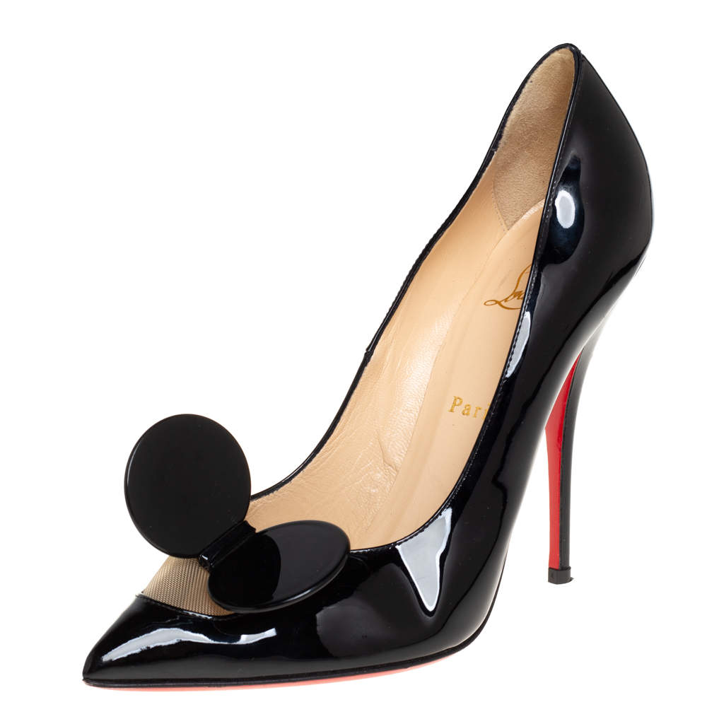 Pre Owned Christian Louboutin Black Patent Leather and Mesh Bow Pumps Size 40