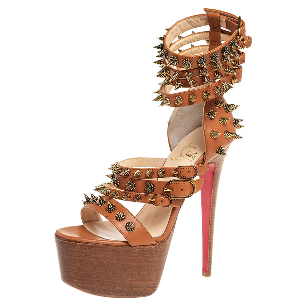 Pre Owned  Christian Louboutin Brown Leather Botticellita Spiked Platform Sandals Size 36