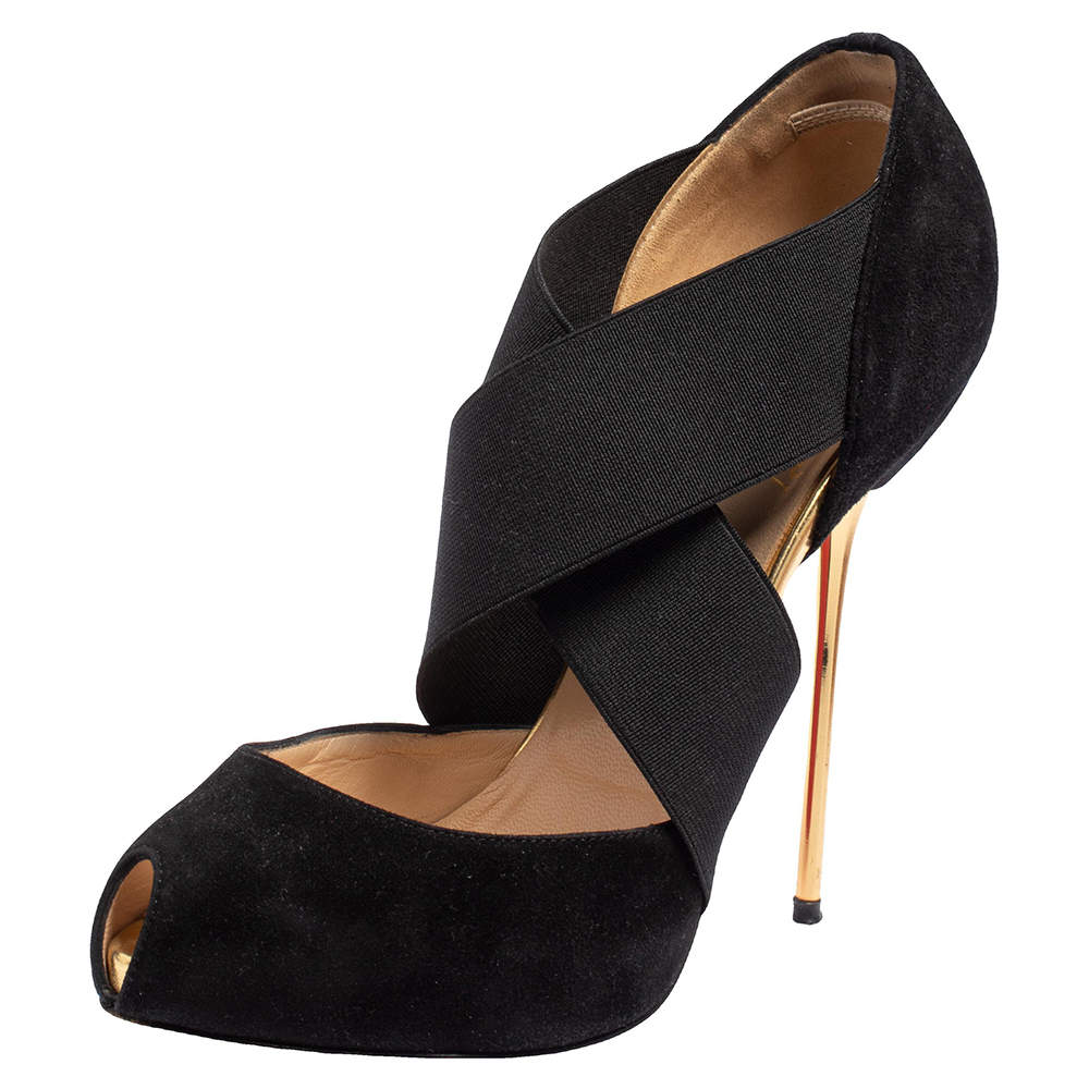 Pre Owned Christian Louboutin Black Suede And Elastic Big Dorcet Peep Toe Pumps Size 36.5