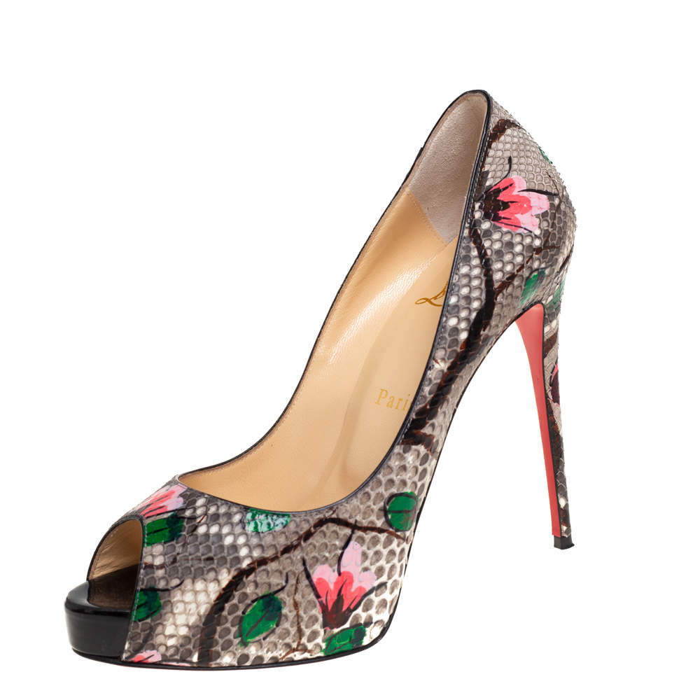 Pre Owned Christian Louboutin Grey Floral Print Python New Very Prive Peep Toe Pumps Size 37