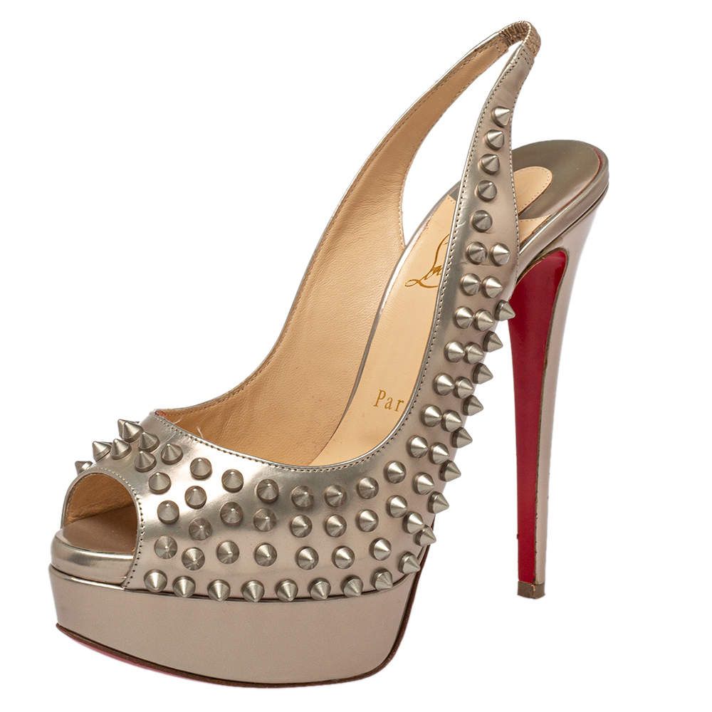 Pre Owned Christian Louboutin Gold  Leather Clou Noeud Platform Slingback Sandals Size 37.5