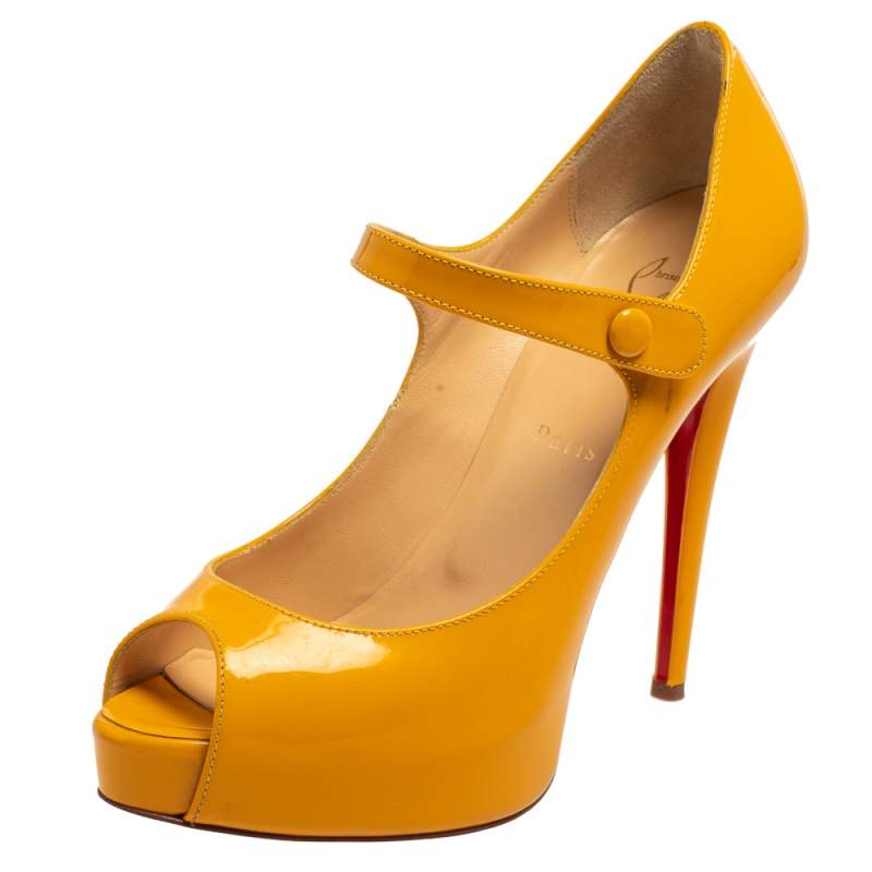 مملوكة مسبقًا Christian Louboutin Orange Patent Leather Zeppa Mary Jane Peep Top Platform Pumps Size 39.5