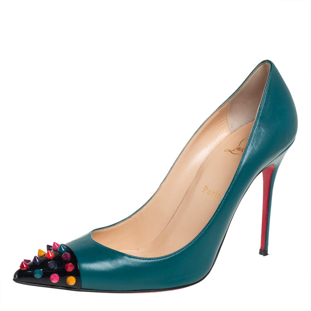 Pre Owned Christian Louboutin Green Leather Geo Spike Studded Pumps Size 39.5