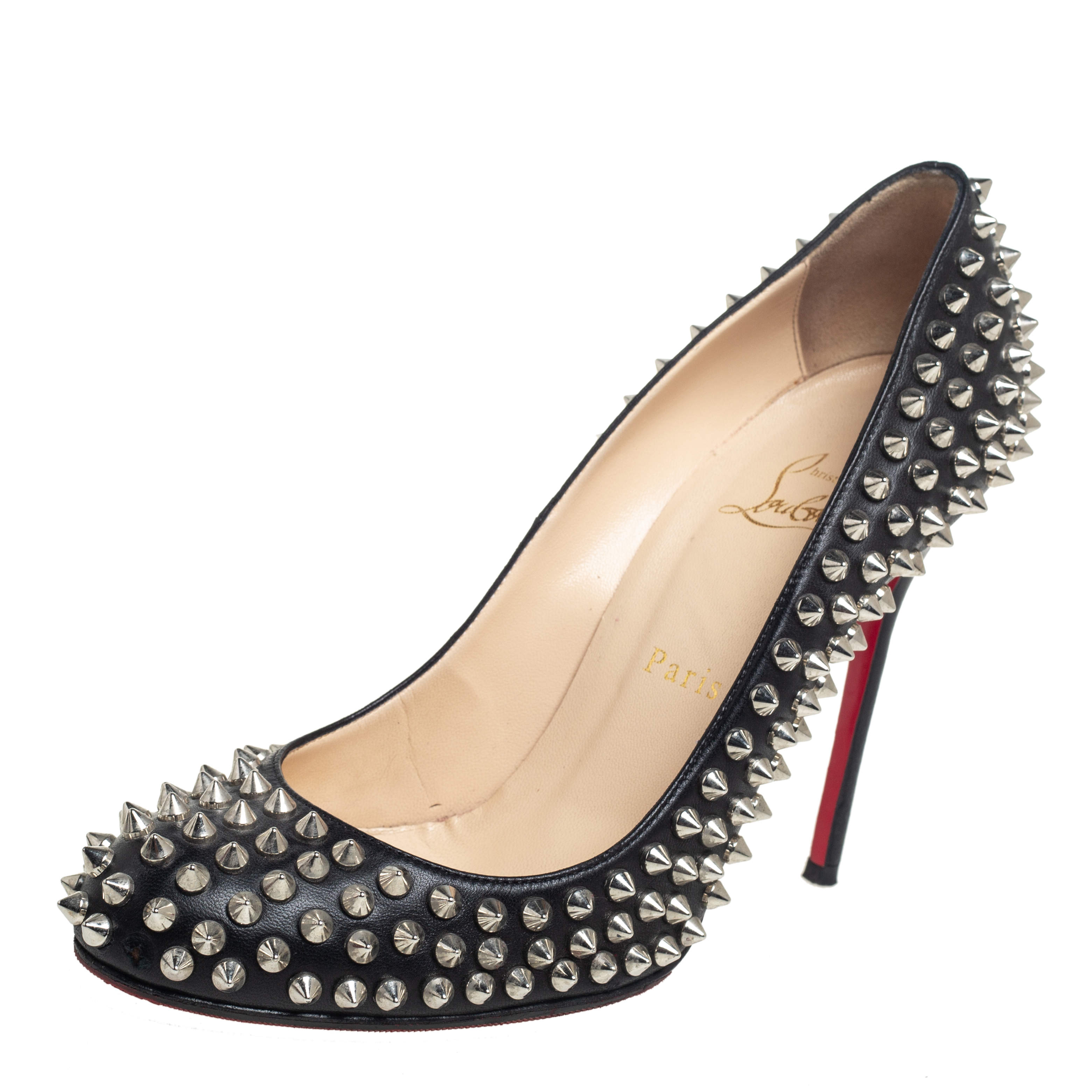 Pre Owned Christian Louboutin Black Leather Fifi Spikes Round Toe Pumps Size 39