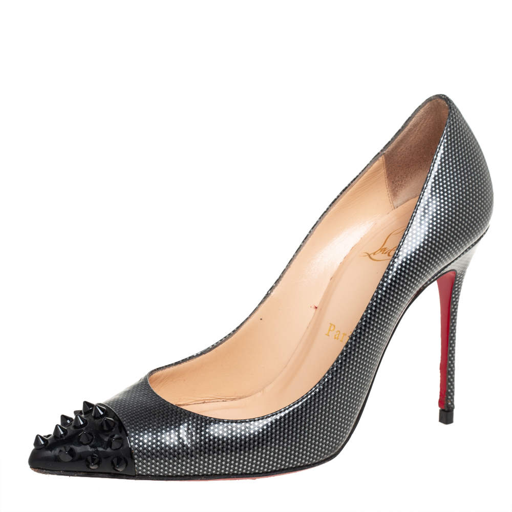 Christian Louboutin Dark Grey Leather Geo Spiked Pointed Toe Pumps Size 36.5