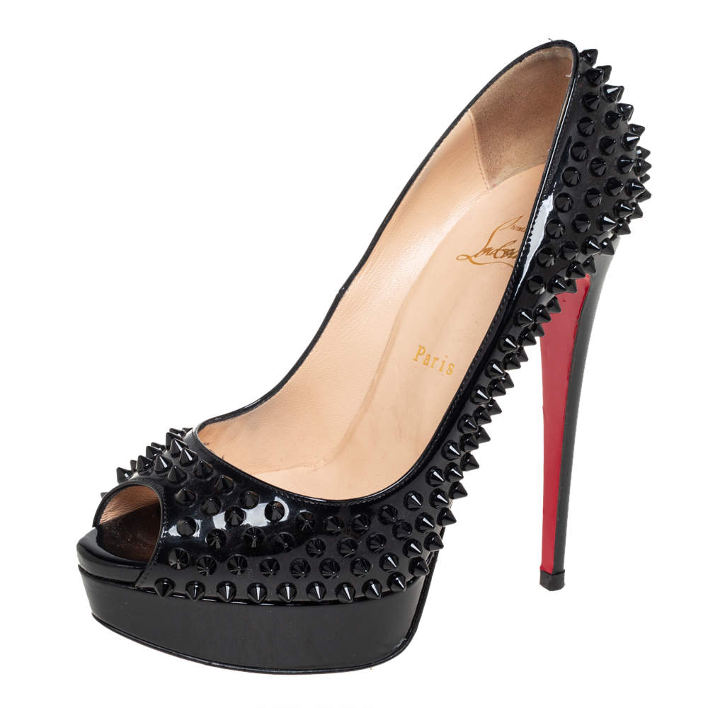 Pre Owned Christian Louboutin Black Patent Spike Lady Peep Toe Platform Pumps Size 39