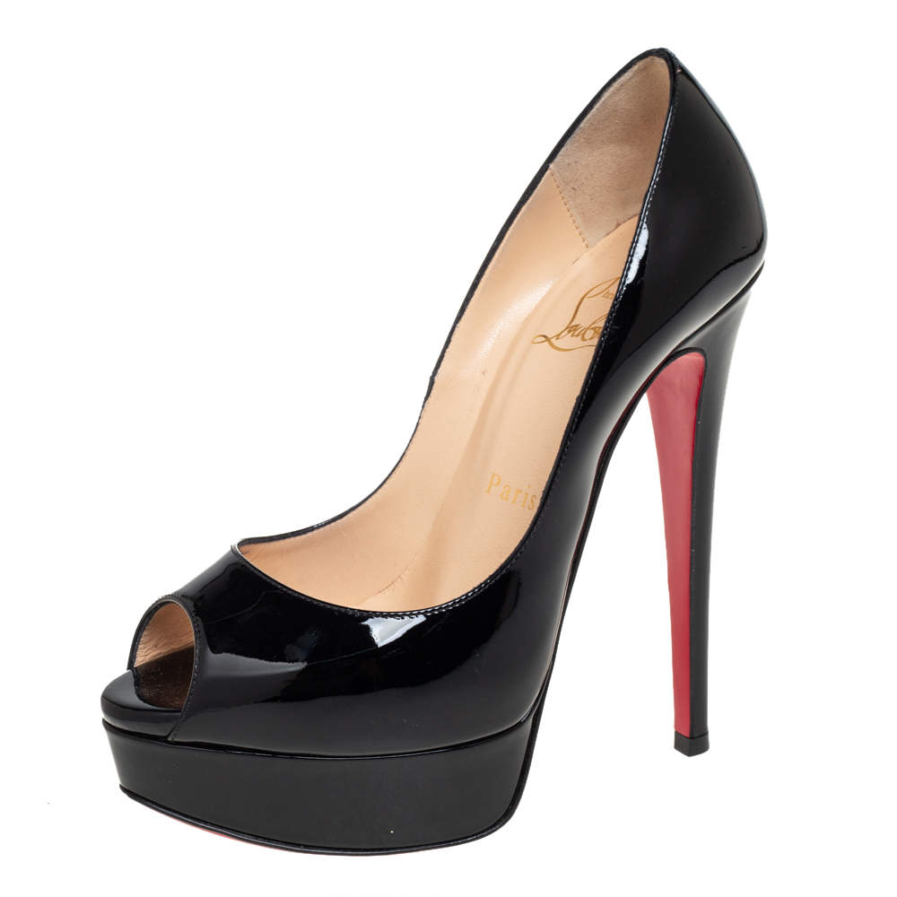مملوكة مسبقًا حذاء كعب عالي كريستيان لوبوتان ليدي جلد أسود لامع مقدمة مفتوحة مقاس 35.5