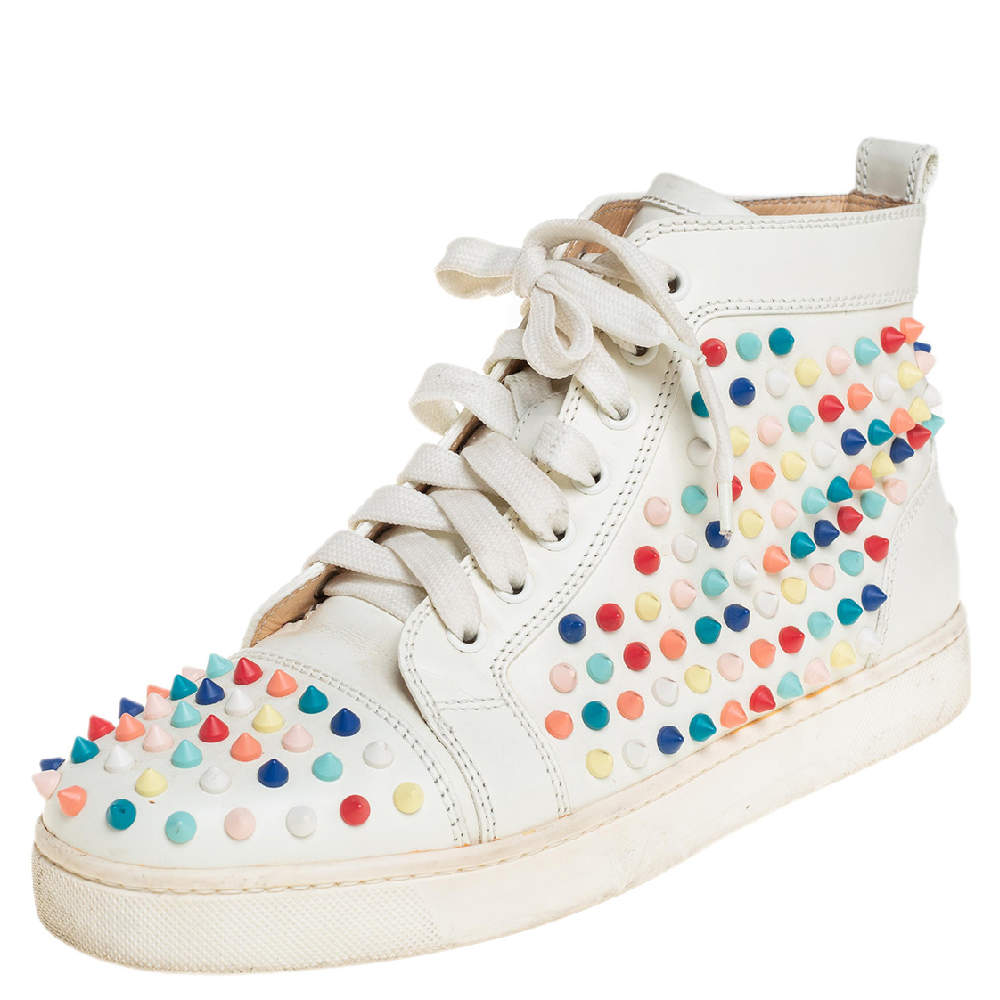 Pre Owned Christian Louboutin White Patent Leather Spikes Sneakers Size 39