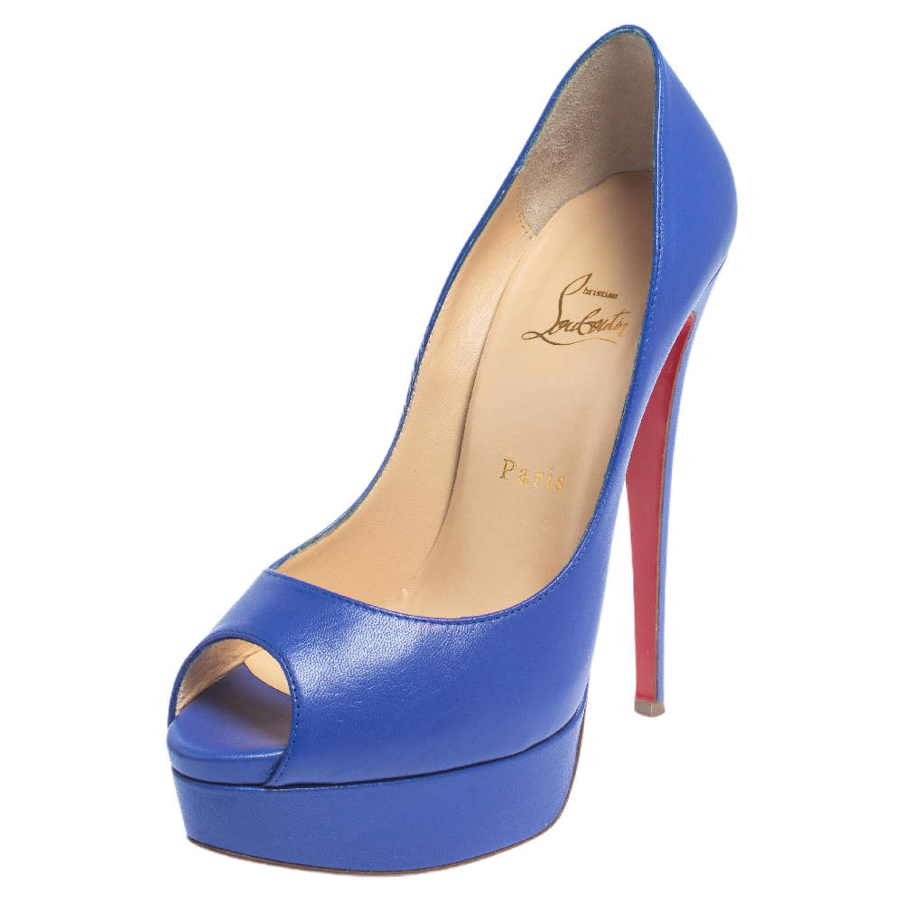 حذاء كعب عالي كريستيان لوبوتان ليدي جلد أزرق بمقدمة مفتوحة مقاس 39