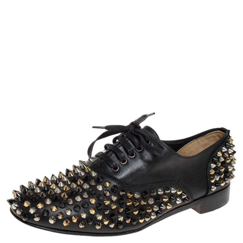 Pre Owned Christian Louboutin Black Leather 'Freddy' Spike Lace Up Oxfords Size 38