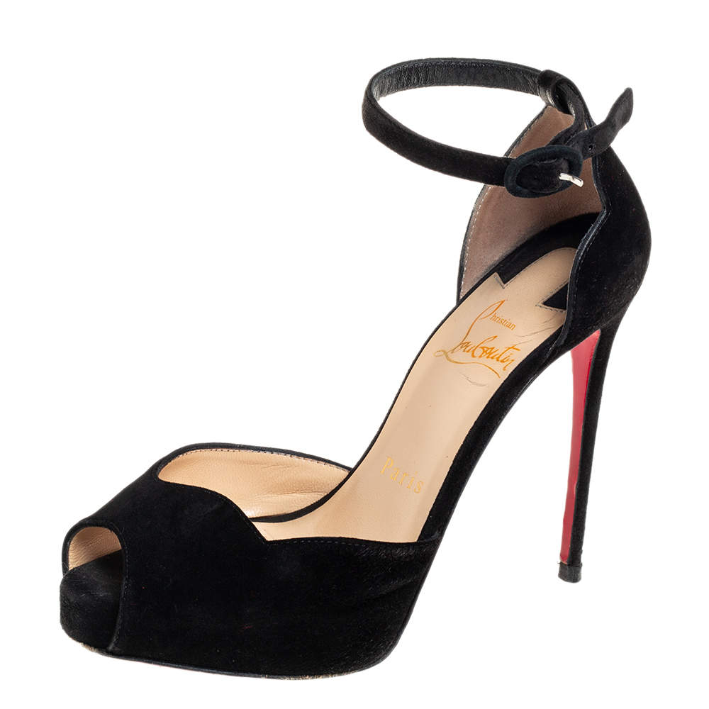 Christian Louboutin Black Suede Aketata  Ankle Strap Sandals Size 35