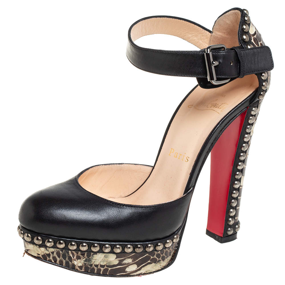 Christian Louboutin Black Leather And Brown Water Snake Figurina Platform Ankle Strap Pumps Size 36