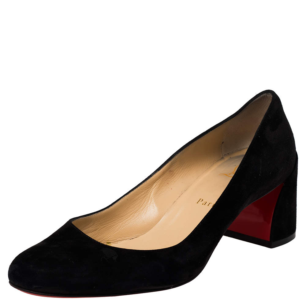 Pre Owned Christian Louboutin Black Suede Miss Sab Block Heel Pumps Size 38.5