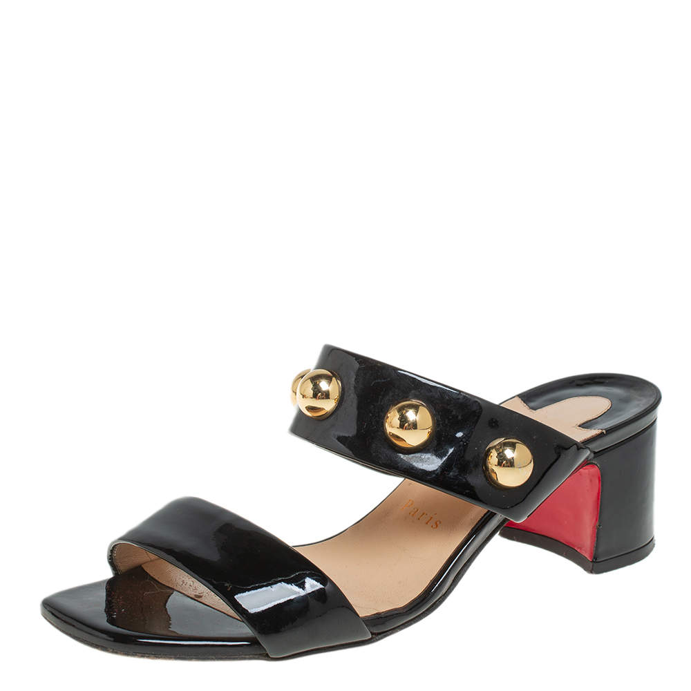 Pre Owned Christian Louboutin Black Patent Leather Simple Bille Studded Sandals Size 38.5
