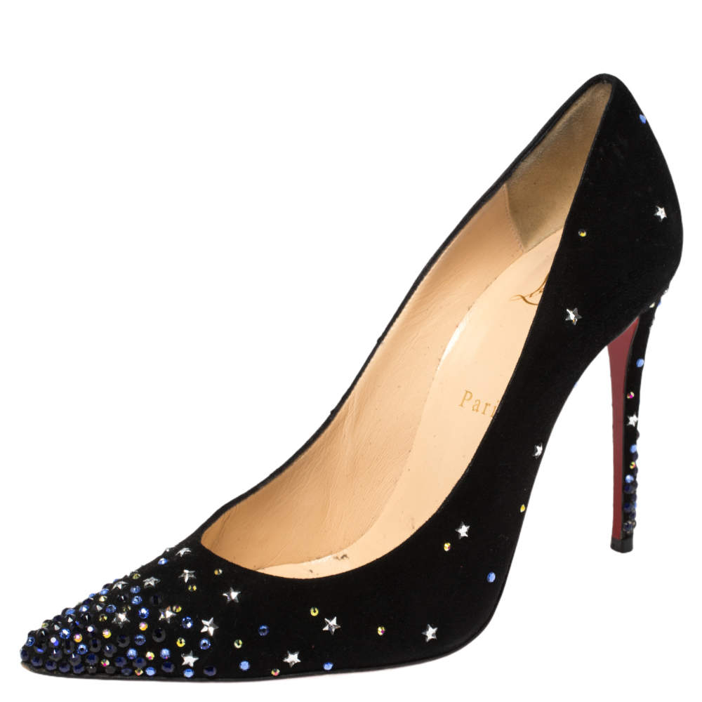 Pre Owned Christian Louboutin Black Suede Crystal Star Embellished Gravitanita Pointed Toe Pumps Size 39