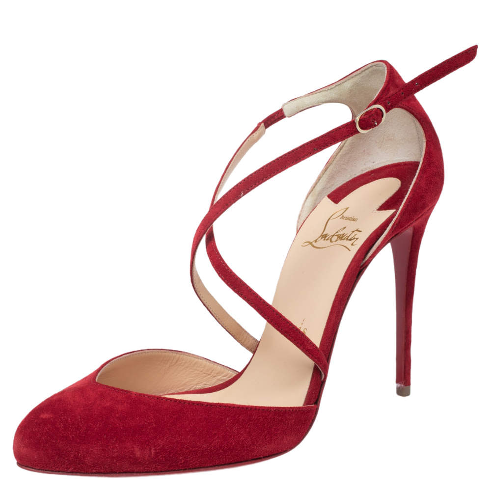 Pre Owned Christian Louboutin Red Suede Crossbreche Sandals Size 37.5