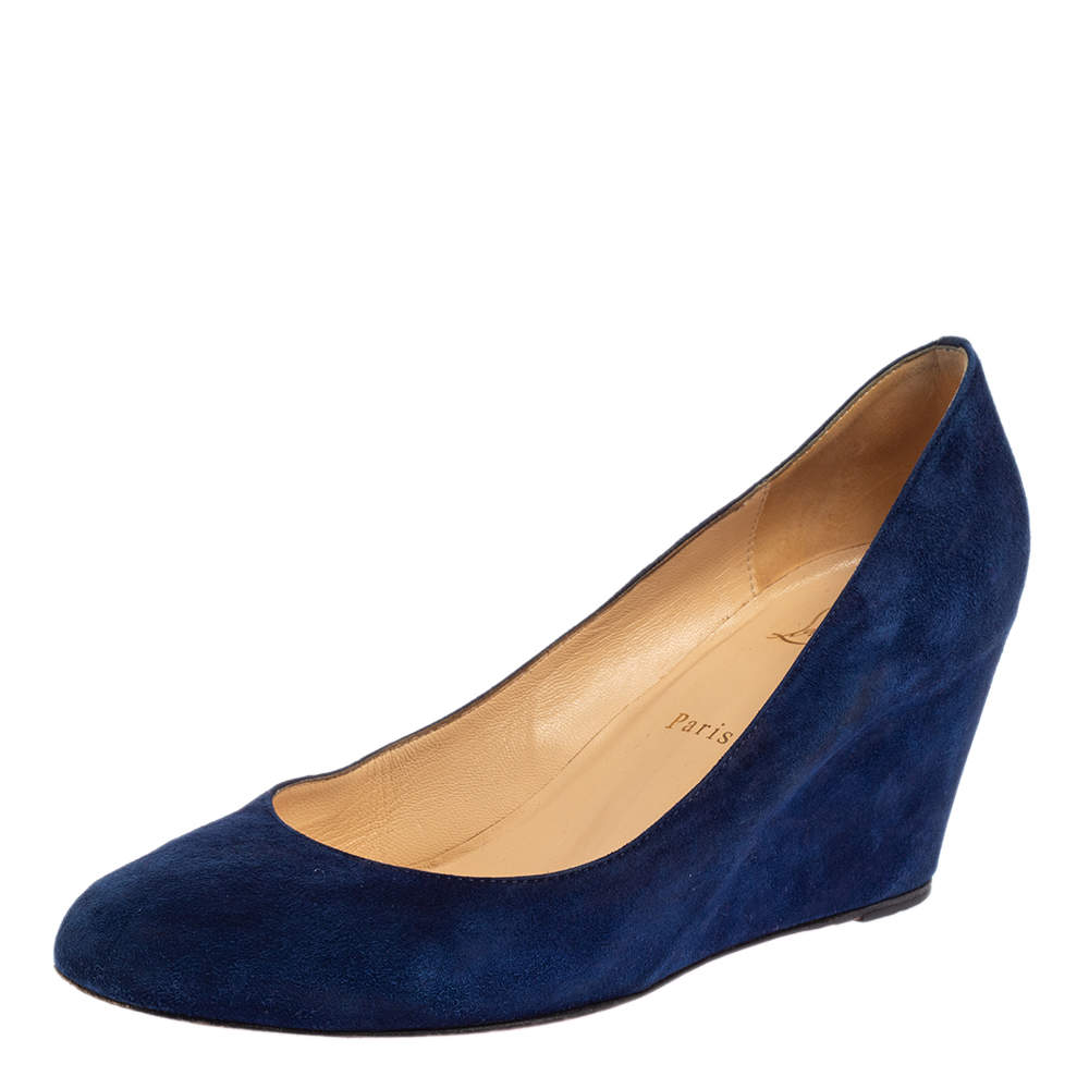 Pre Owned Christian Louboutin Blue Suede Wedge Pumps Size 41