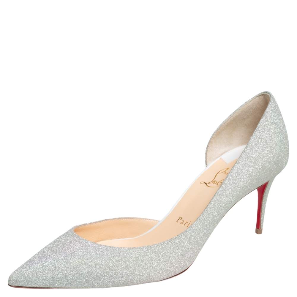 مملوكة مسبقًا حذاء كعب عالي كريستيان لوبوتان إيريزا فضي لامع مقاس 38