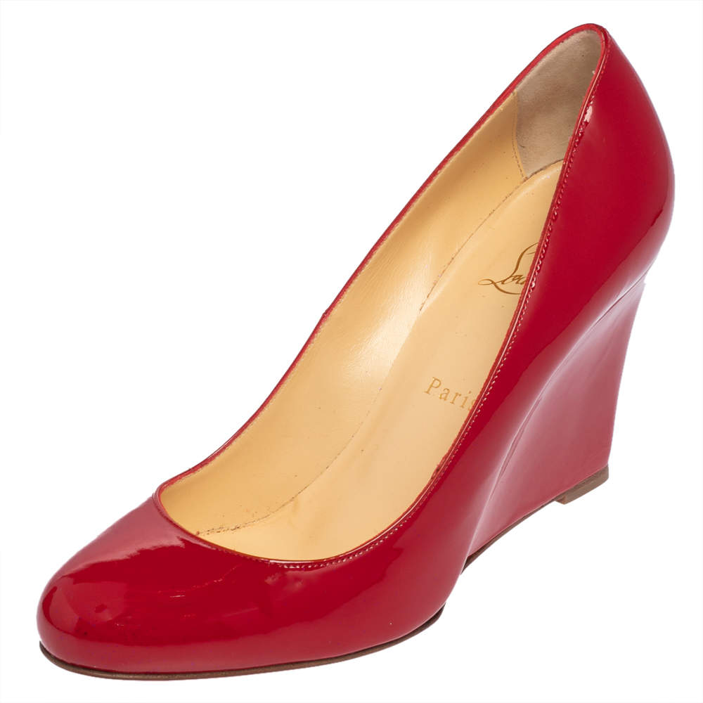 Christian Louboutin Red Patent Leather Ron Ron Zeppa Wedge Pumps Size 40