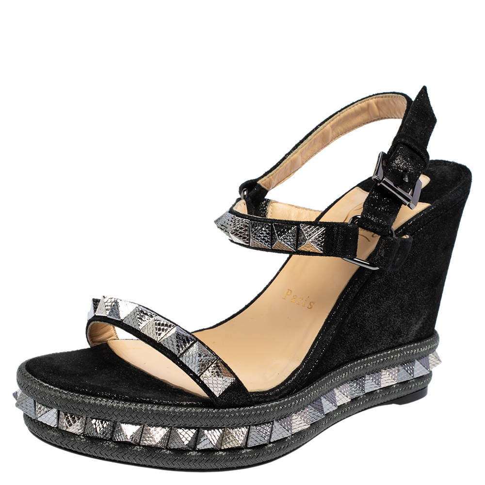 Pre Owned Christian Louboutin Metallic Black Suede Studded Cataclou Espadrille Wedge Sandals Size 39