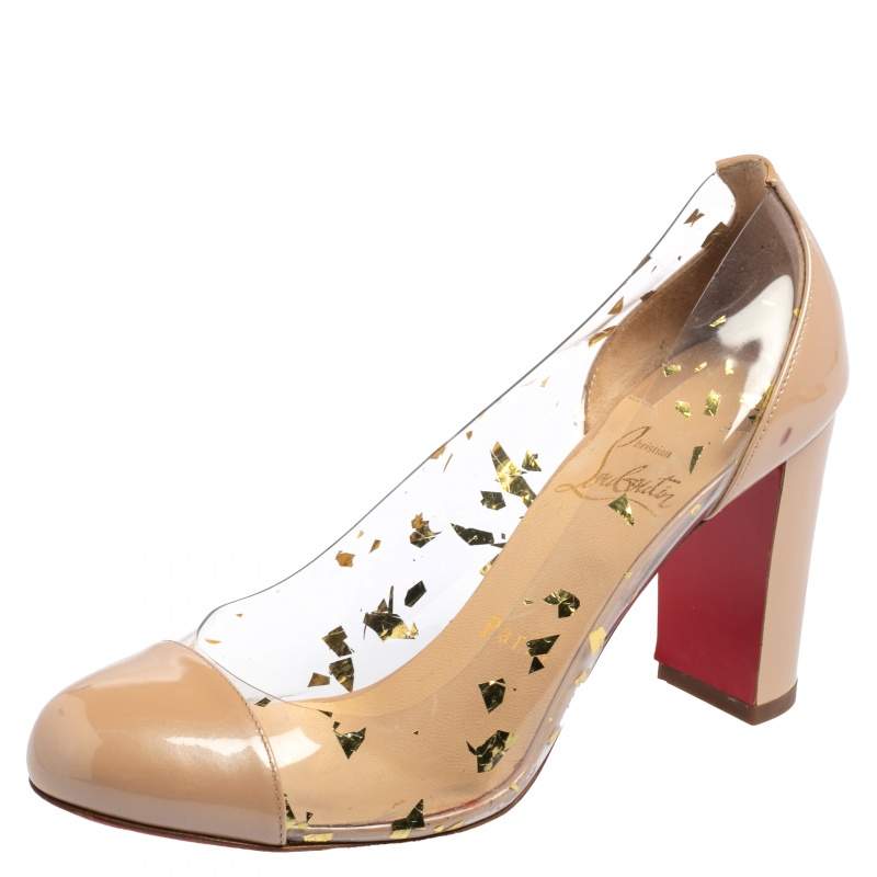 Christian Louboutin Beige Patent Leather And PVC Un Bout Rond Block Heel Pumps Size 36.5