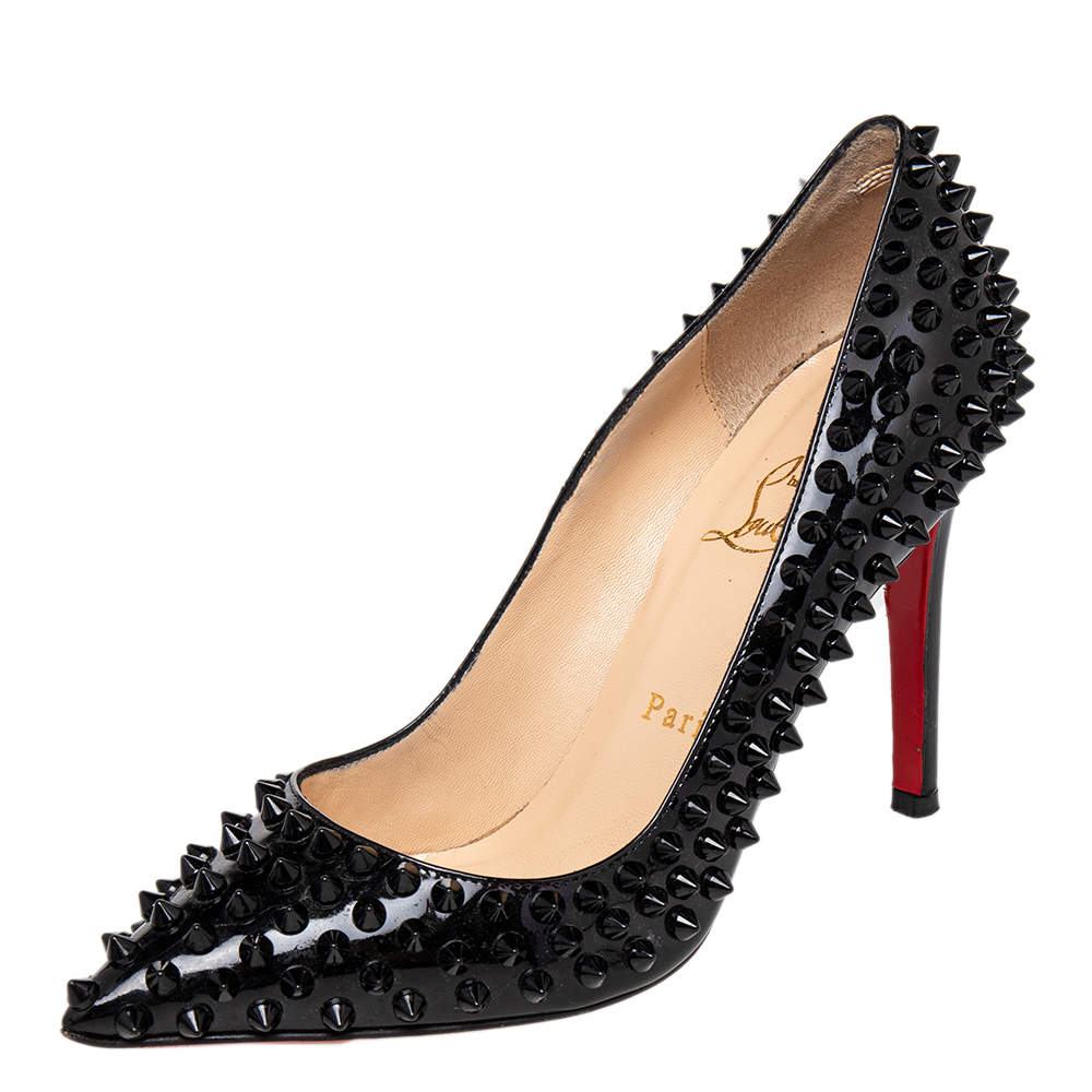 Christian Louboutin Black Patent Leather Pigalle Spikes Pointed Toe Pumps Size 37
