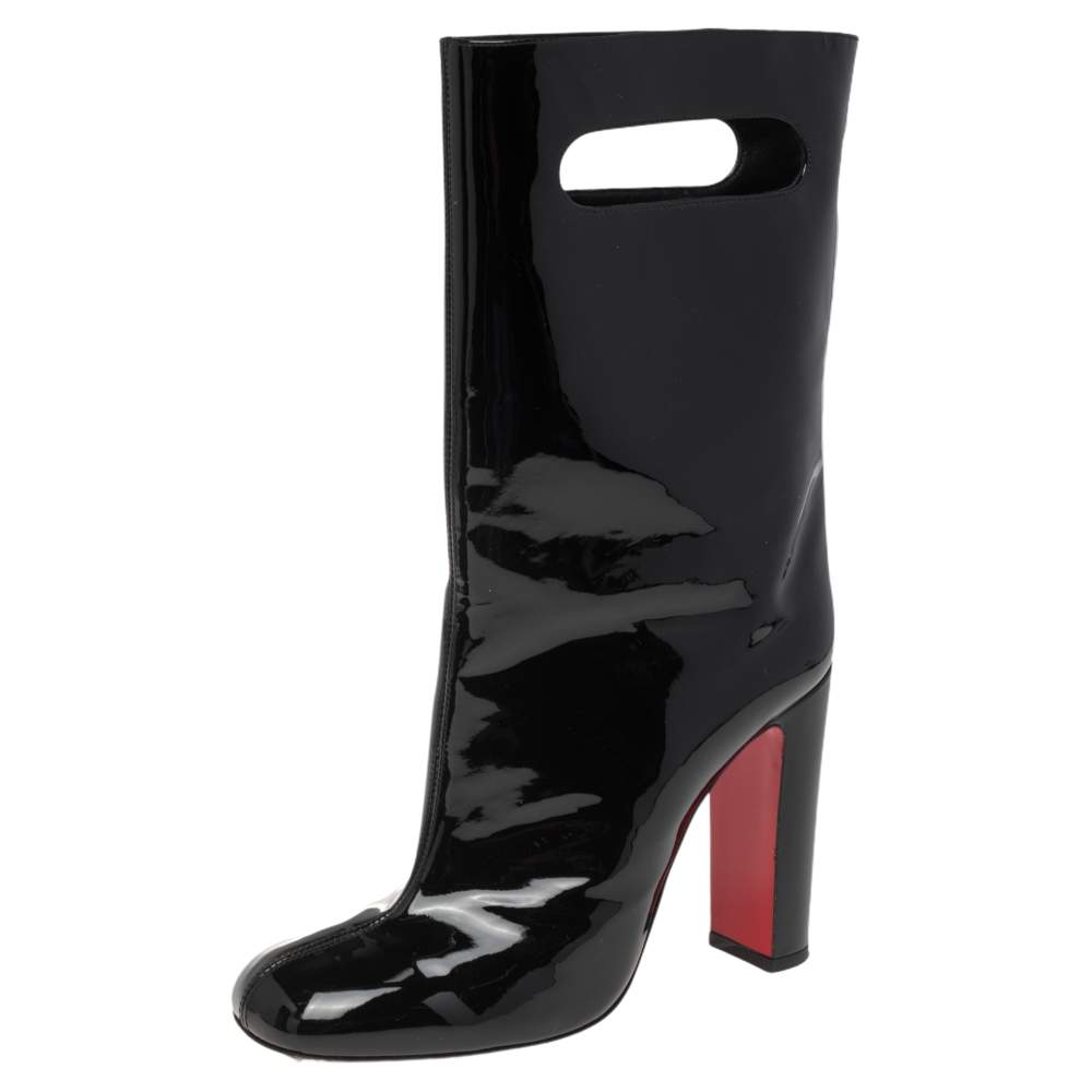 Pre Owned Christian Louboutin Black Patent Leather Tomette Mid Calf Boots Size 38.5
