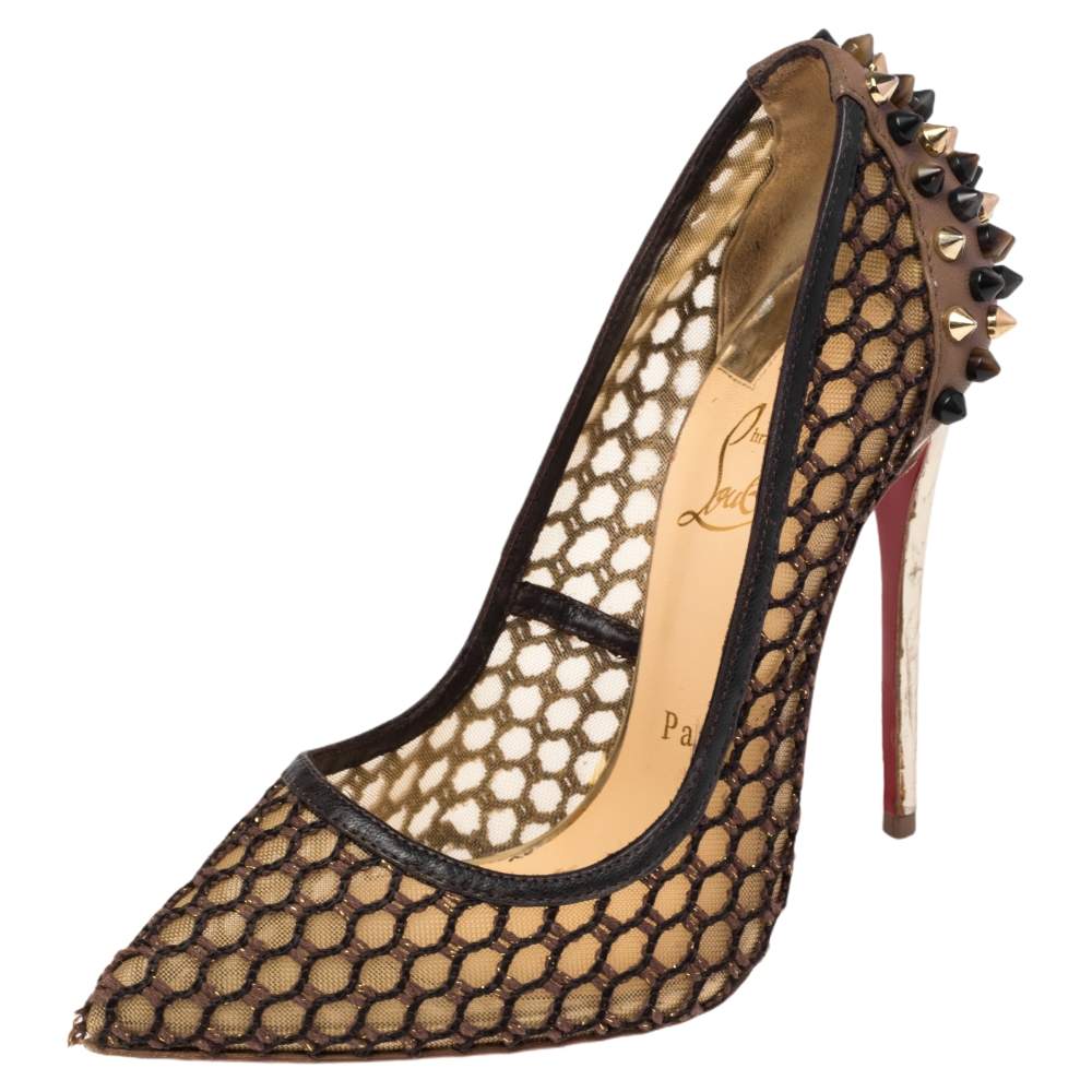 Christian Louboutin Black/Beige Mesh And Spike Embellished Leather Guni Pointed Toe Pumps Size 36.5