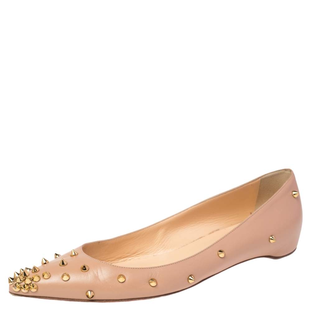Pre Owned Christian Louboutin Beige Leather Degraspike Ballet Flats Size 38.5