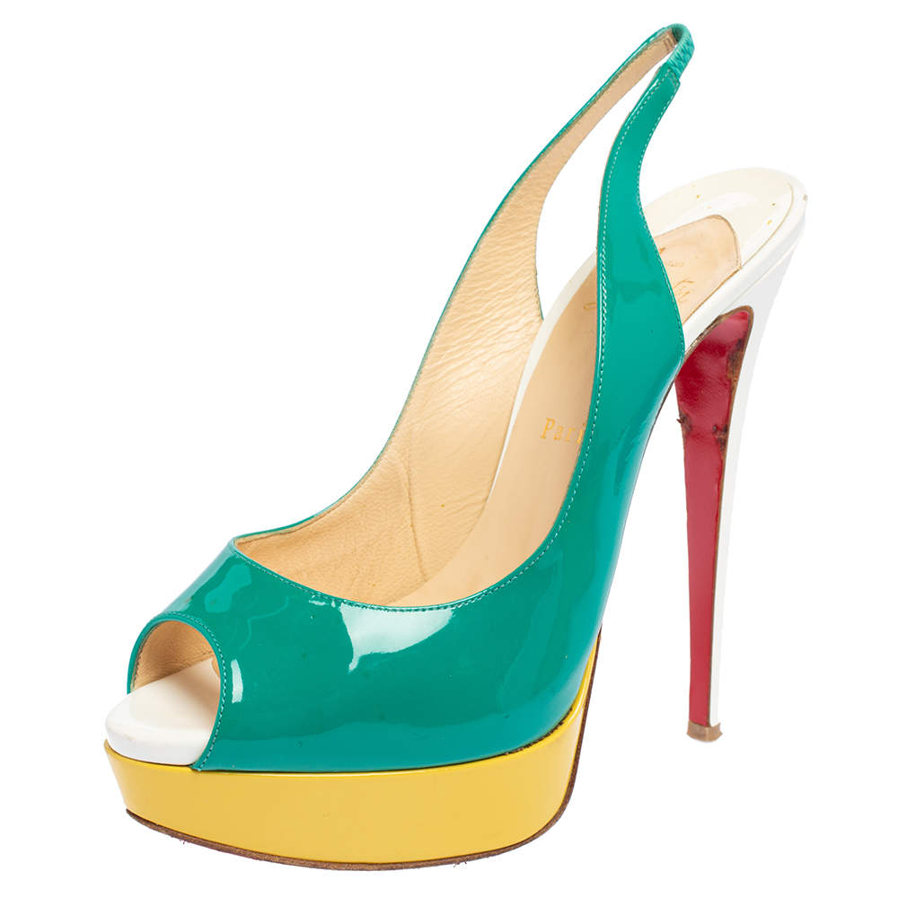 Christian Louboutin White Patent Leather Lady Peep Toe Platform Slingback Sandals Size 40.5