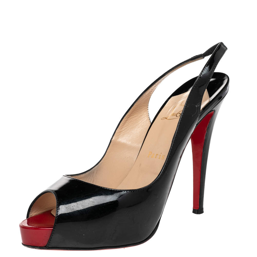 Christian Louboutin Black Patent Leather Private Number Slingback Sandals Size 40.5