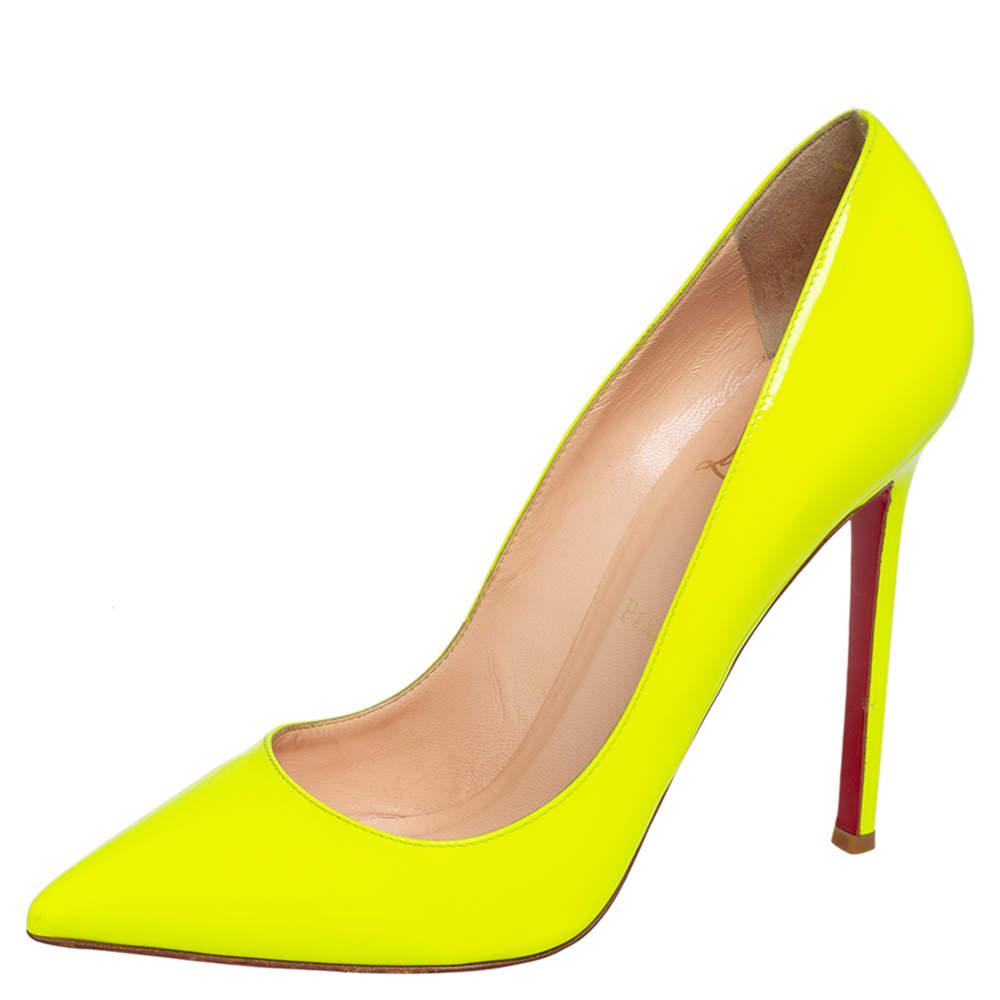 Pre Owned Christian Louboutin Neon Yellow Leather So Kate Pointed Toe Pump Size 38.5
