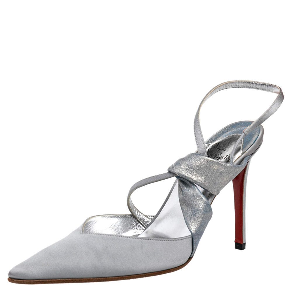 Pre Owned Christian Louboutin Silver Satin And Metallic Leather Pointed Toe Slingback Sandals Size 37