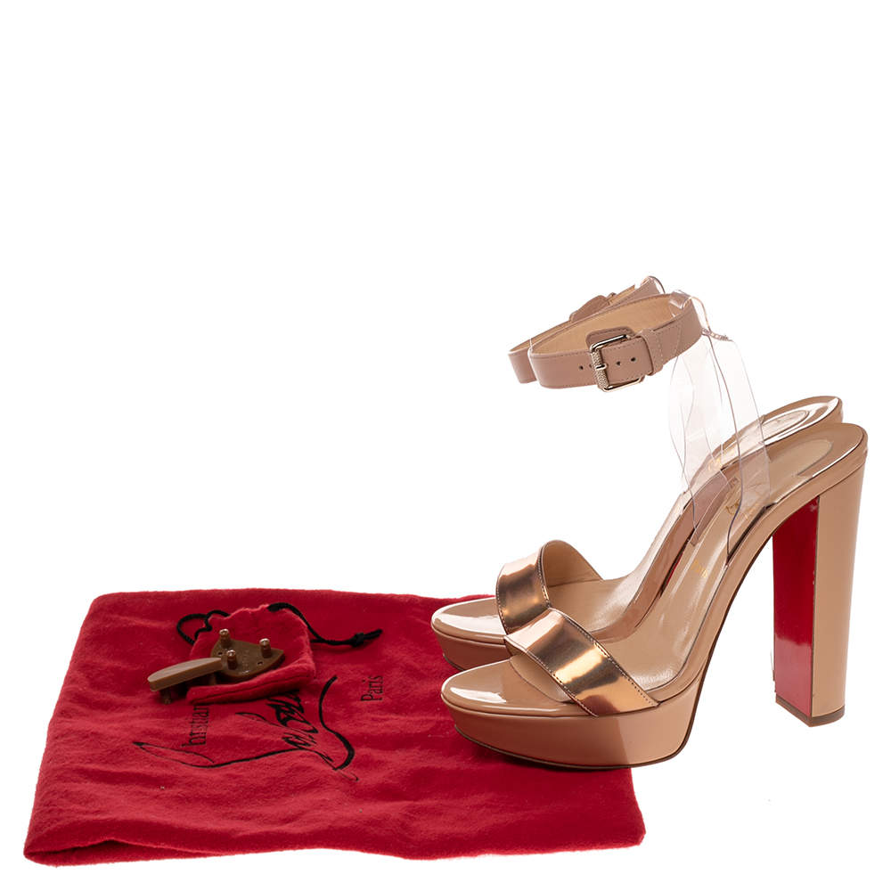 Christian Louboutin Beige Bronze Leather Cherry Platform Sandals Size 38.5 Christian Louboutin TLC