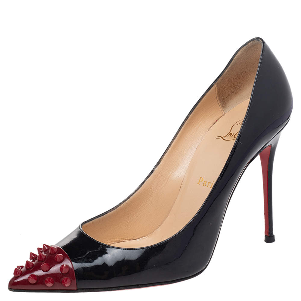 Christian Louboutin Black Patent Leather Geo Spike Studded Cap Toe Pumps Size 39.5