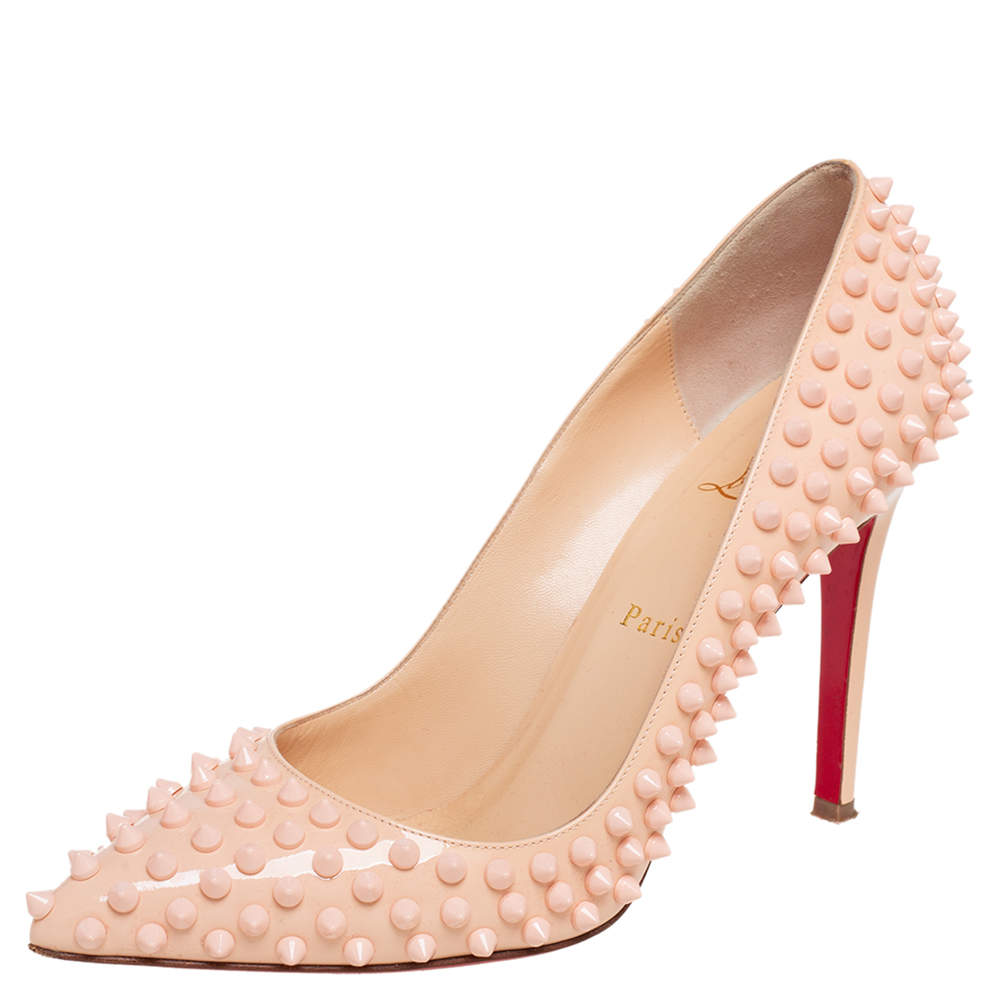 Pre Owned Christian Louboutin Beige Patent Leather Pigalle Spikes Pointed Toe Pumps Size 39.5