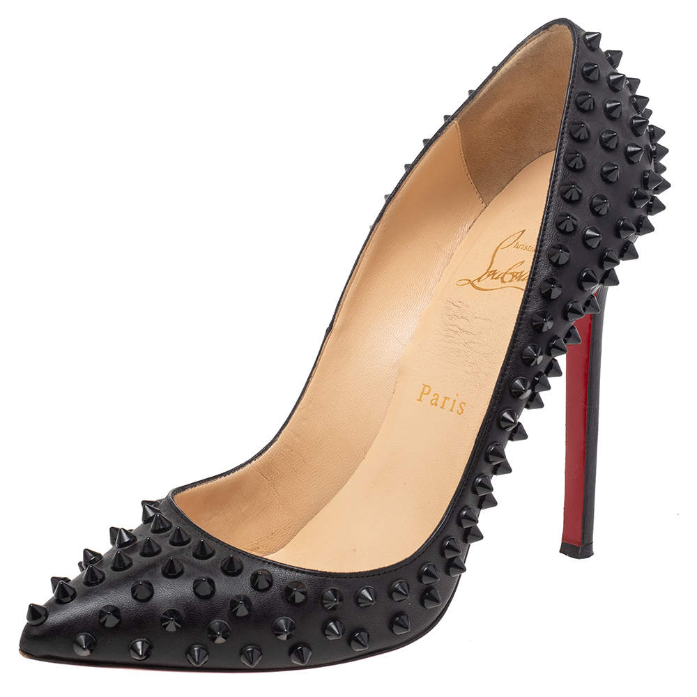  Christian Louboutin Black Leather Pigalle Spikes Pumps Size 38.5