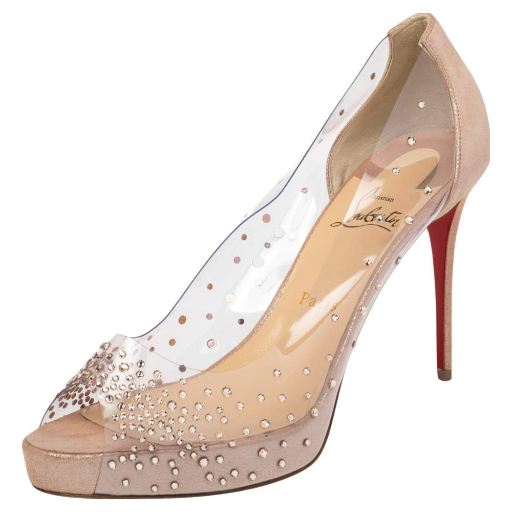 Christian Louboutin Beige PVC And Suede Embellishment Peep Toe  Pumps Size 41