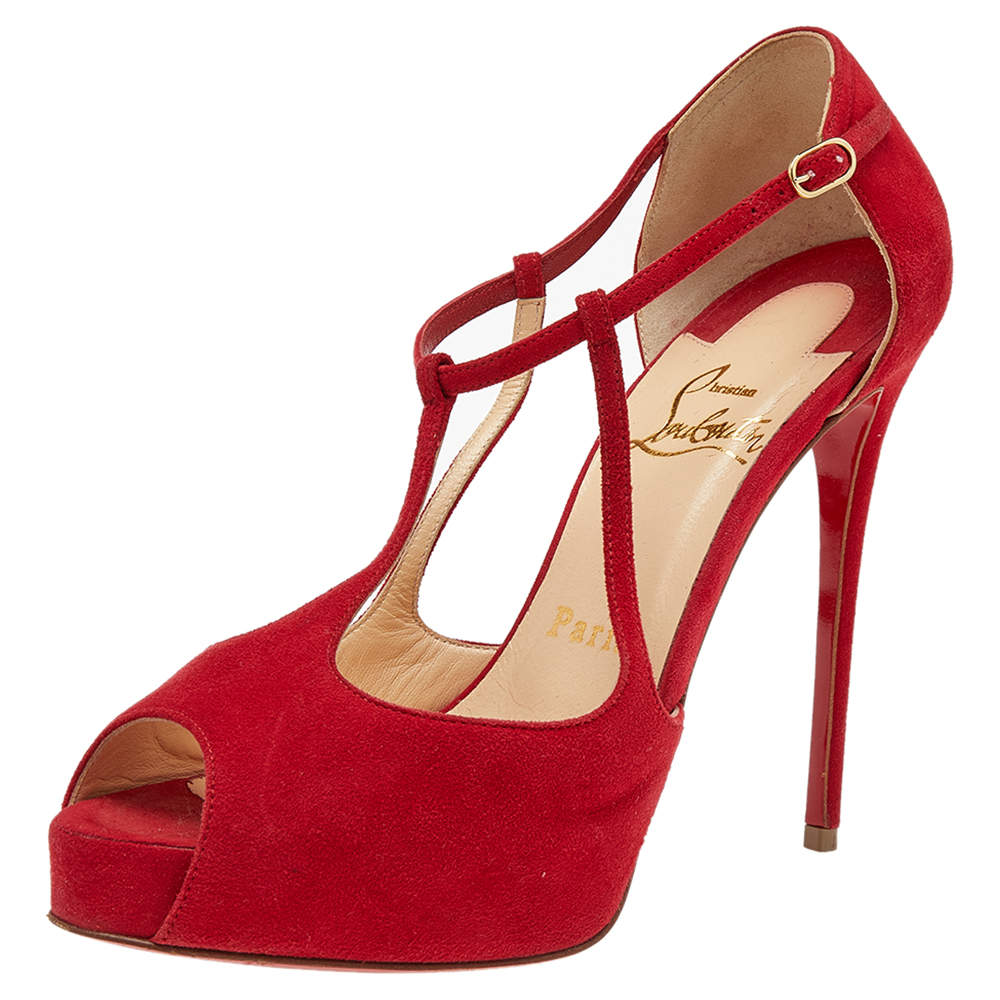 Christian Louboutin Red Suede T Strap Platform Sandals Size 36