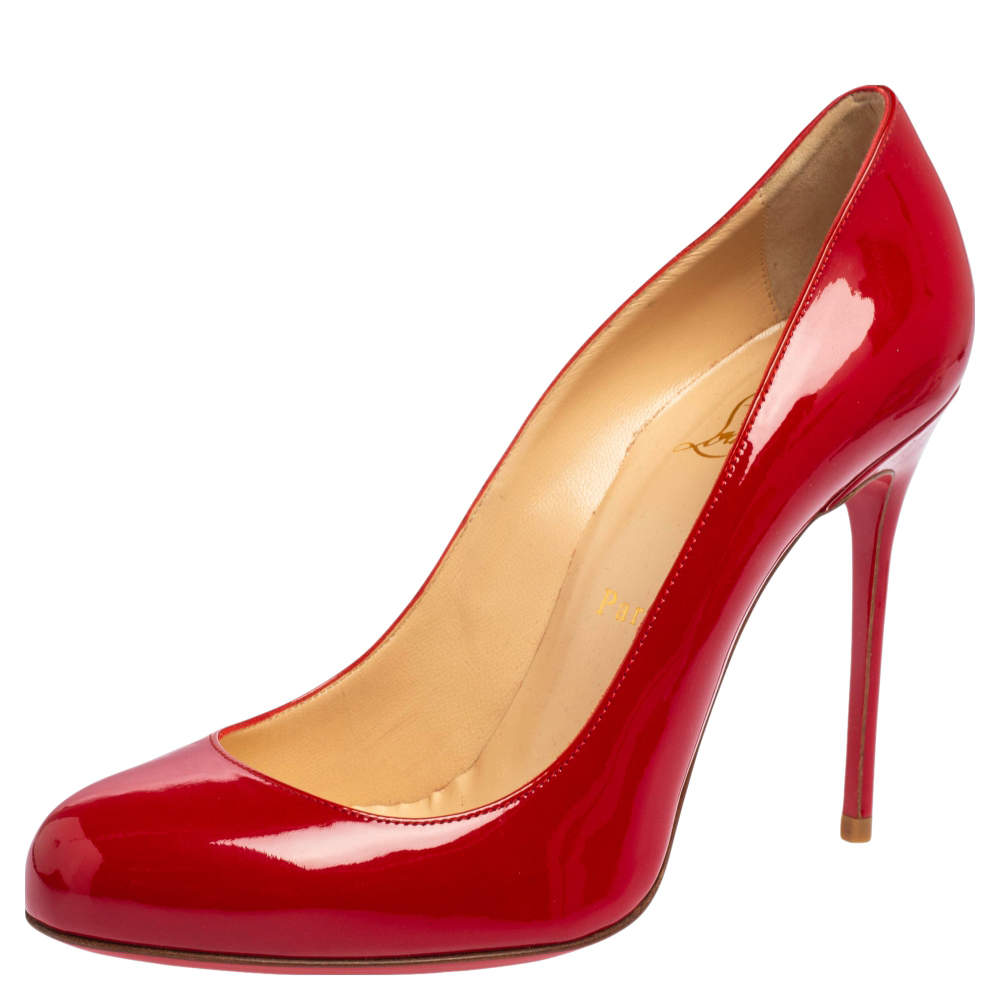 Pre Owned Christian Louboutin Red Patent Leather Simple Pumps 38.5