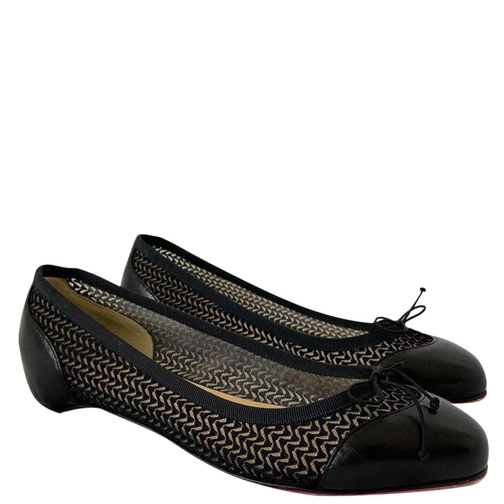 Pre Owned Christian Louboutin Black Mesh And Leather Ballet Flats Size EU 37.5