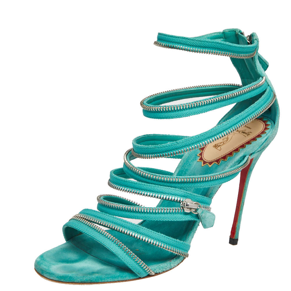 Pre Owned Christian Louboutin Aqua Green Fabric And Leather Unzip Sandals Size 41