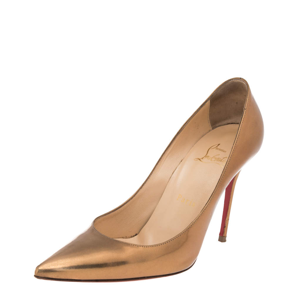 Pre Owned Christian Louboutin Gold Patent Leather Decollete Pumps Size 36.5