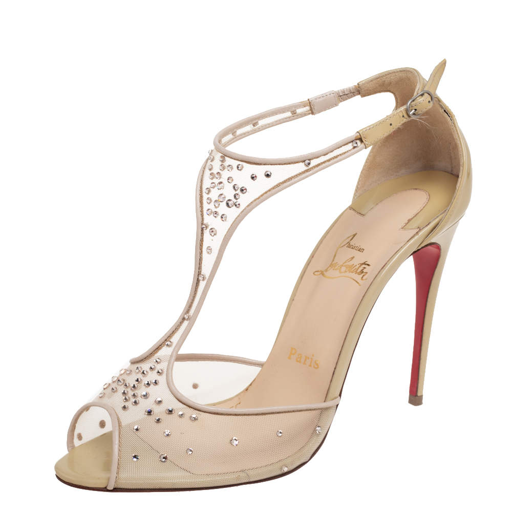 Pre Owned Christian Louboutin Beige Mesh And Patent Leather Patinana T-Strap Peep Toe Sandals Size 39.5