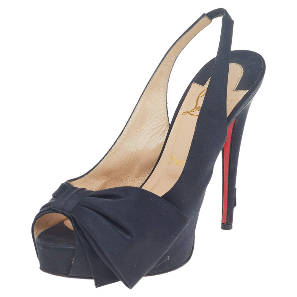 Pre Owned Christian Louboutin Black Satin Bow Platform Slingback Sandals Size 38.5
