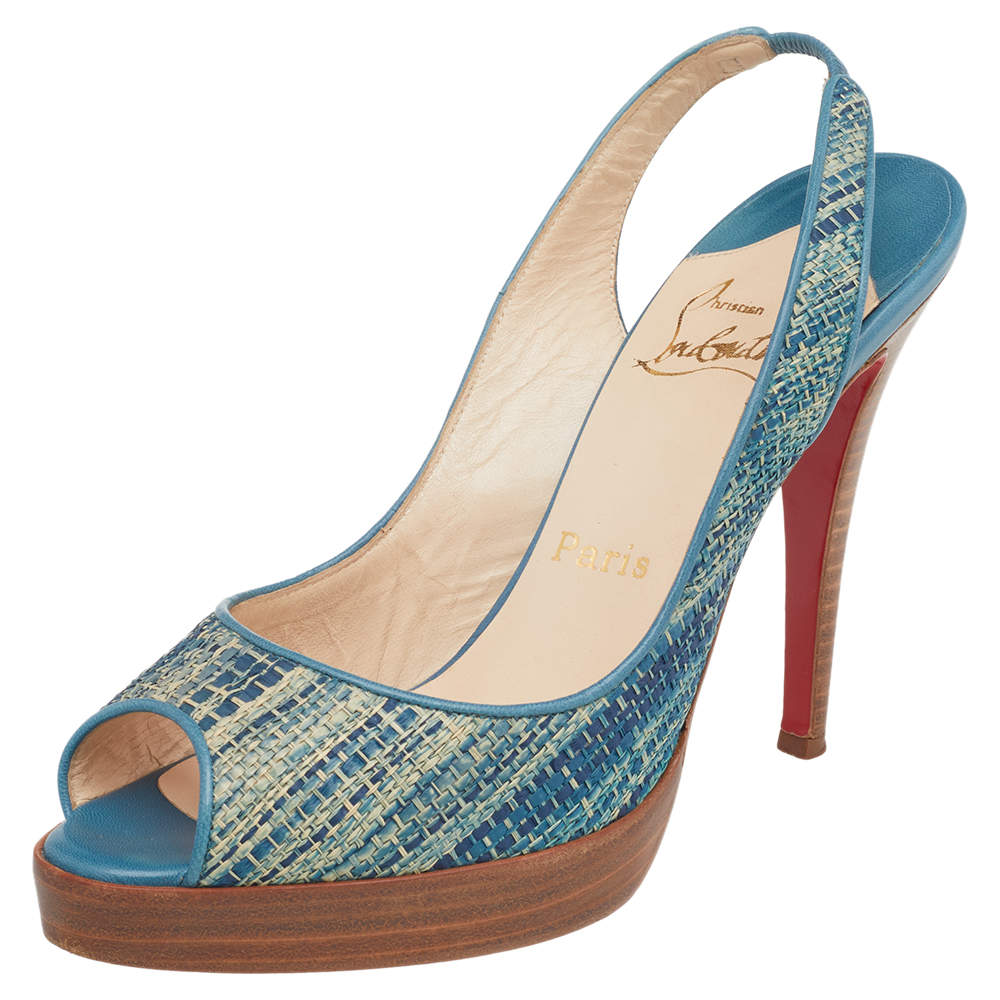 Pre Owned Christian Louboutin Blue Raffia and Leather Yoyo Slingback Pumps Size 38