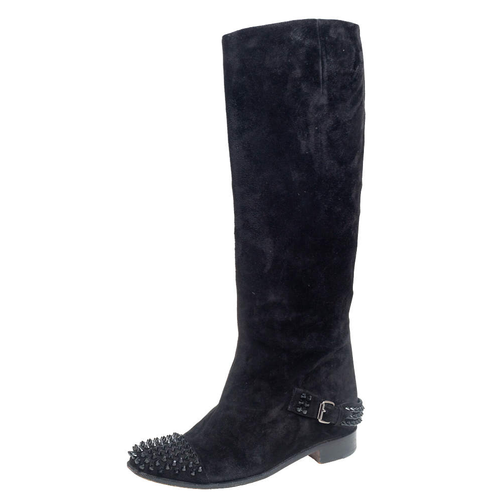 Pre Owned Christian Louboutin Black Suede Spike Cap Toe Egoutina Knee Boots Size 39